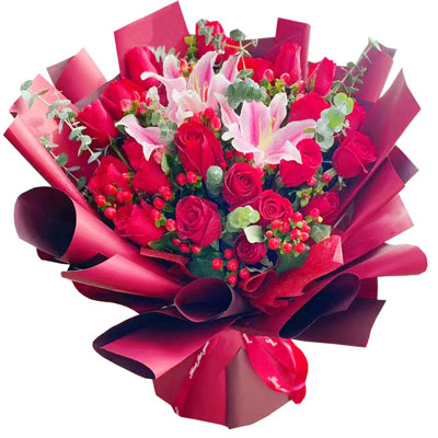 福州22朵红玫瑰百合，爱的火焰