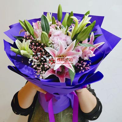 福州6支粉色多头百合，真诚的问候